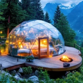 Bulle transparente dans la for&ecirc;t, sur une grande terrasse en bois avec son feu de camp.