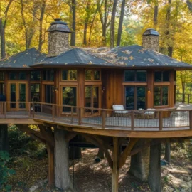 Cabane perch&eacute;e Loz&egrave;re avec sa terrasse suspendue, au coeur de la for&ecirc;t