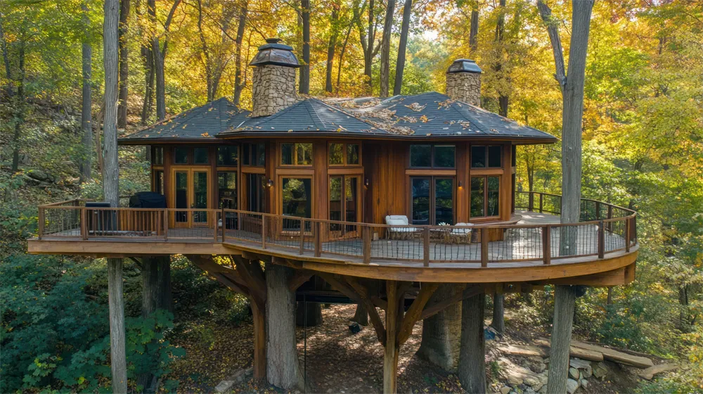 Cabane perch&eacute;e Loz&egrave;re avec sa terrasse suspendue, au coeur de la for&ecirc;t