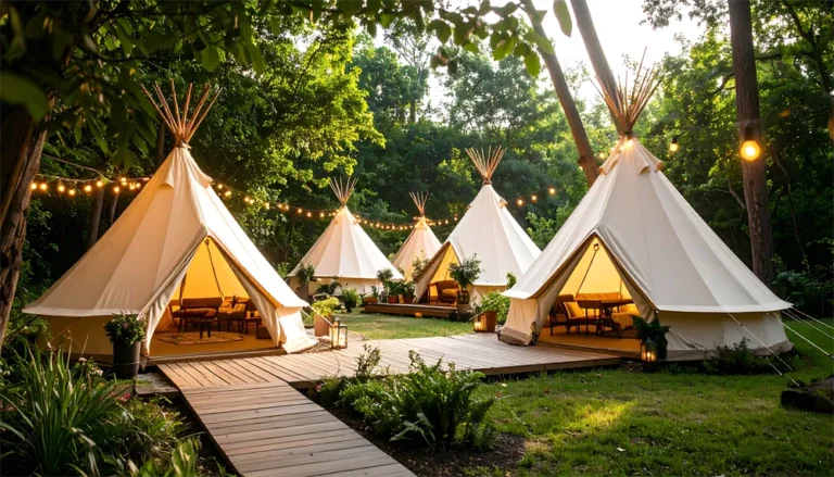 Camp de tipi familial dans la for&ecirc;t. Cinq tipis am&eacute;nag&eacute;es avec sa passerelle en bois pour y acc&eacute;der.