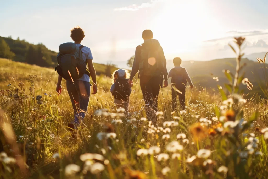 Image d'une famille marchant dans une prairie fleurit