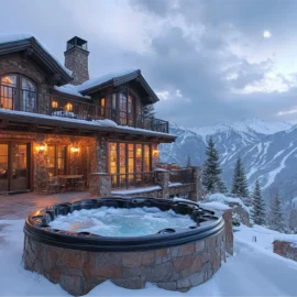 Chalet bien &ecirc;tre et son spa priv&eacute; ext&eacute;rieur vue sur les montagne enneig&eacute;es.