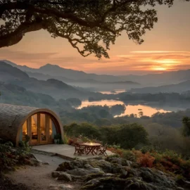 Ext&eacute;rieur de la tiny house. Terrasse vue sur les montagnes et le lac lors d'un couch&eacute; de soleil.